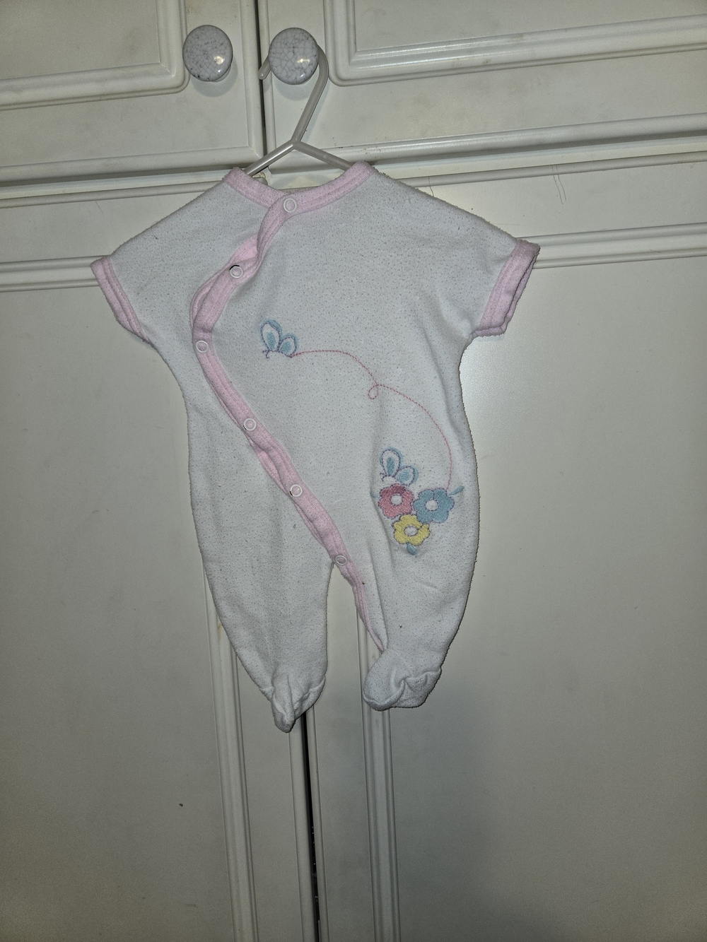 White Baby Footed One-Piece with Pink Trim and Floral Embroidery